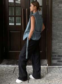 Livesso 女式无袖牛仔夹克，配腰带，腰部收紧 - 中等水洗藍 - 查看 5