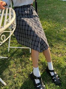 DAZY 女式格子不对称下摆宽松休闲度假夏季半身裙 - 黑色 - 查看 4