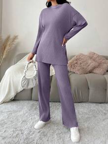 EURMUSE Set de 2 piezas de algodón con top y pantalones de unicolor y diseño sencillo - Lila Púrpura - Ver 5