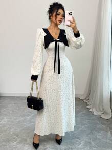 Modelyn 女士混合面料蝴蝶结圆点腰部褶皱 A 字长袖连衣裙 - 杏色 - 查看 1