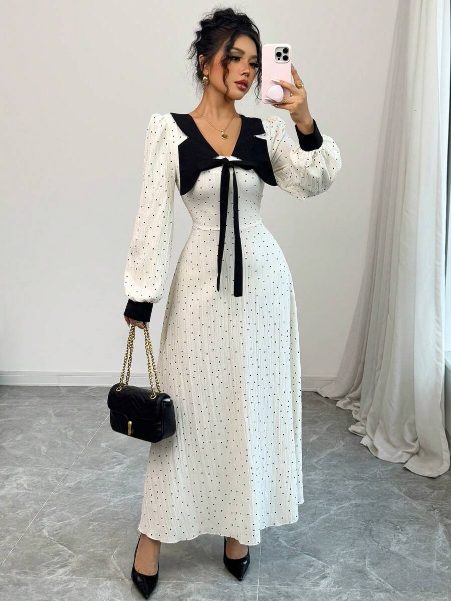 Modelyn 女士混合面料蝴蝶结圆点腰部褶皱 A 字长袖连衣裙 - 杏色 - 查看 1