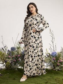 Graceveil 大码女式圆领长袖花卉印花休闲连衣裙 - 彩色 - 查看 5