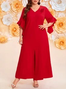 SHEIN Clasi 2pcs Plus Size Valentine's Day Romantic Elegant Solid Color Floral 3D Decor Ruffle Sleeve Slit Maxi Shirt & Pants Set - Red - View 1