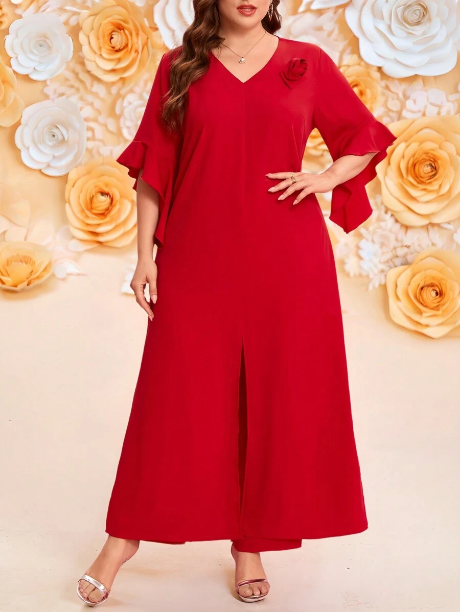 SHEIN Clasi 2pcs Plus Size Valentine's Day Romantic Elegant Solid Color Floral 3D Decor Ruffle Sleeve Slit Maxi Shirt & Pants Set - Red - View 1