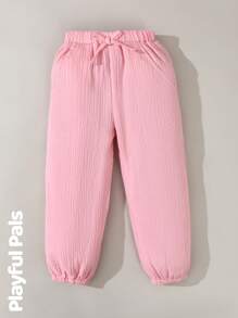 Pantalones casuales lisos de cintura elástica con bolsillo para niñas, para uso diario - Rosa - Ver 1