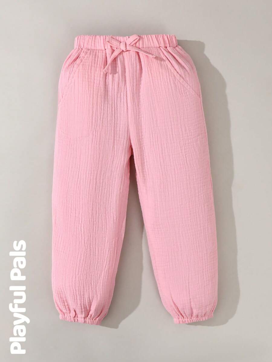 Pantalones casuales lisos de cintura elástica con bolsillo para niñas, para uso diario - Rosa - Ver 1