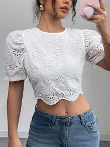 Rafferiza 休闲优雅百搭纯色圆领露背系带短袖女式衬衫 - 白色 - 查看 2