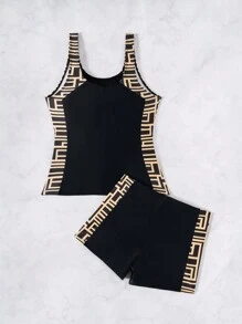 Swim Lushoire 2pcs/Set Women Summer New Tankini Khaki Random Geometric Print Sleeveless Ruched Midriff Modest Swimwear With Boyleg Shorts,Swimming, Surfing Beach Holiday Mature Sports Camisole Strap Tankini Set