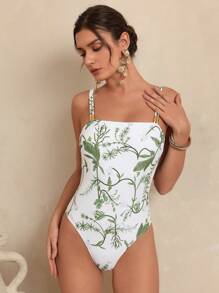 Swim Oasis Summer Women's Boho Luxury Chic Botanical Print One-Piece Suit - Green - View 4