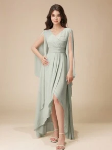 Vestido Curto e Longo Assimétrico Verde Menta Elegante para Meninas Adolescentes, Decote em V, Manga Morcego com Babados, Fenda, Faixa na Cintura, Vestido de Festa de Fada Apropriado para Aniversário de Adolescentes, Baile de Máscaras, Festa, Celebração de Feriados, Vestidos de Natal, Halloween, Ação de Graças, Vestido de Baile, Vestido Formal, Vestido de Concurso de Meninas, Vestido de Formatura, Vestido de Dama de Honra, Vestido de Gala, Vestido de Praia