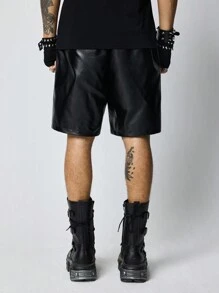 ROMWE MEN Grunge Punk Men's Solid Color Patch Pocket PU Leather Loose Shorts - Black - View 3