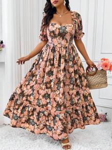 SHEIN Clasi Plus Size Vintage French Floral Rose Print Waisted A-Line Maxi Dress With Puff Sleeves & Ruffle Hem, Summer Easter Wear - Multicolor - View 10