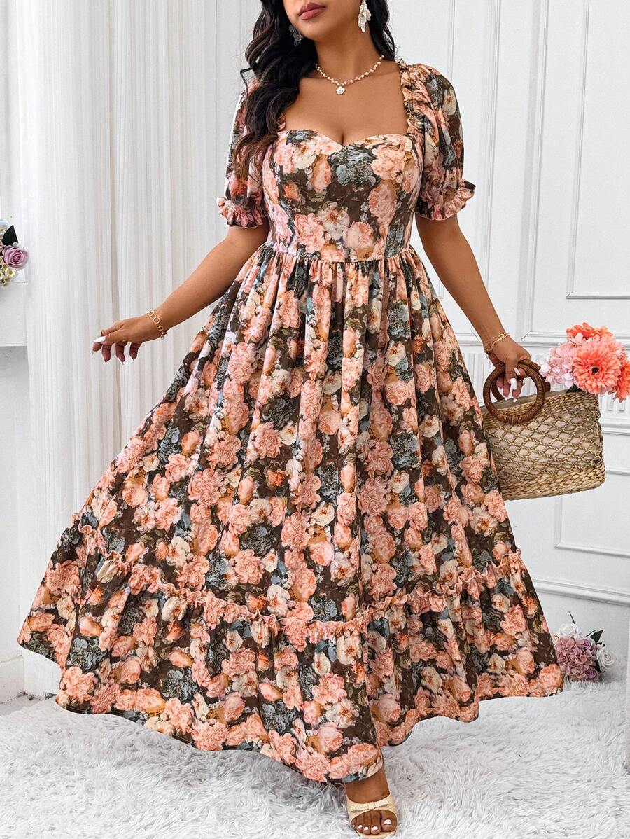 SHEIN Clasi Plus Size Vintage French Floral Rose Print Waisted A-Line Maxi Dress With Puff Sleeves & Ruffle Hem, Summer Easter Wear - Multicolor - View 1