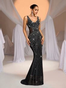 Aureia Elegant Black Luxury Handmade Hot Diamond Sexy Large Round Neck Waist Section Perspective Fishtail Skirt Drag Suitable For Valentine's Day Banquet Party Dinner Dress