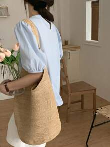 DAZY Blusa estiva da donna casual con girocollo, a tinta unita, con maniche a sbuffo e volant