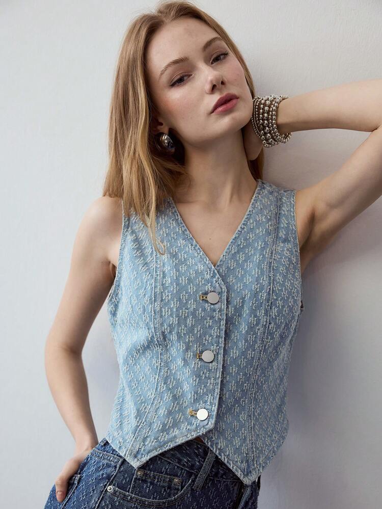MOTF STUDIO VESTE EN DENIM TEXTURÉE À UN RANG DE BOUTONS