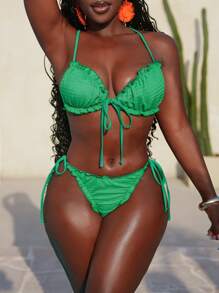 Slaydiva Ensemble bikini Top et bas à bretelles fines texturé unicolore pour femme, maillot de bain casual pour vacances à la plage en été