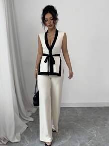 Elenzga 2pcs Women Spring/Summer French Elegant Color Blocking Sleeveless Cropped Top & Wide Leg Pants Set - Apricot - View 3