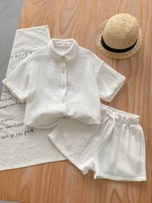 Set de 2 piezas de camisa informal tejida lisa y shorts para niña joven