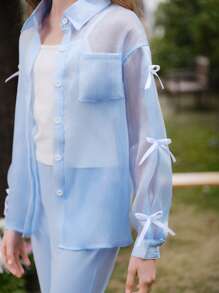 SHEIN 少女三件套：透明欧根纱蝴蝶结衬衫、针织背心、针织喇叭裤、休闲甜美风格 - 彩色 - 查看 2