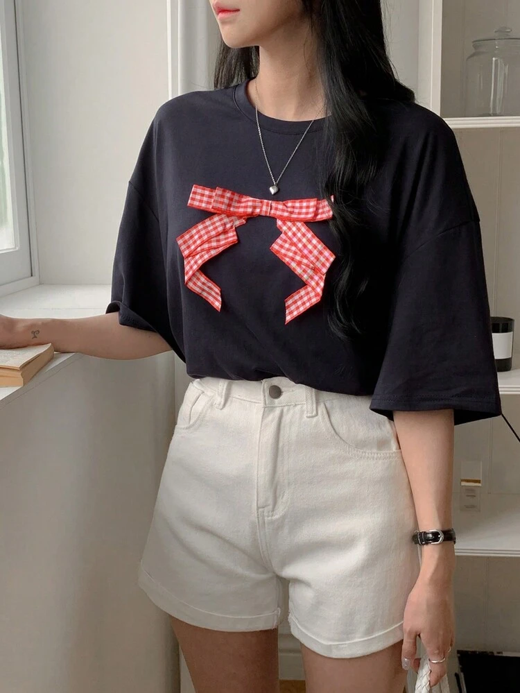 Women's Round Neck Short Sleeve T-Shirt With 3D Bow Decor Cute Tops Oversized T-Shirt