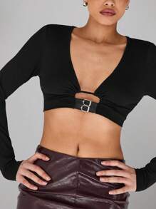 SHEIN Unity Black,Autumn,Elegant,Seksi Chic,Club Long Sleeve Crop Top,Stylish Summer Tops For Women,Perfect For Spring Vacation,College Students,Valentine's Day - Black - View 5