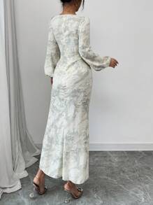 Modelyn Robe longue décontractée à manches longues et encolure en forme de cœur imprimée pour femmes - Bleu azur - Voir 2