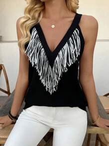 Chiquease 1st Dames Sling Top met kwastjes en ongelijke zoom, vakantie retro print