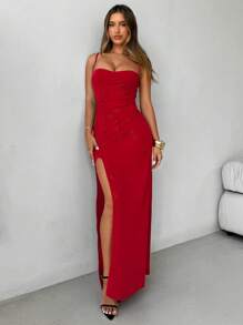 Aloruh Women's Elegant Romantic Holiday Dress 3D Three-Dimensional Flower Suspender Dress Sexy Wedding Season Dress Easter Birthday Party Dress Valentine's Day Red High Slit Flower Decorated Suspender Dress Long Dress Bodycon Dress Outfit