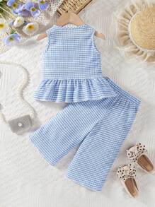 Conjunto de ropa de primavera y verano para niña bebé y niña pequeña con textura a rayas y cuadros azules, elegante y de moda - Azul y blanco - Ver 2