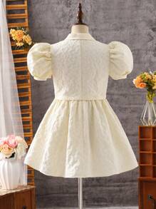 SHEIN Tween Girl Elegant Casual Puff Sleeve Texture Jacquard Fabric Shirt & Skirt Set, Spring/Summer, Back-To-School Season - White - View 2