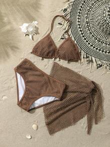 SHEIN Tween Girl 3pcs/Set Swimwear With Brown Shell Triangle Bikini Set, Beach Outfit - Brown - View 7