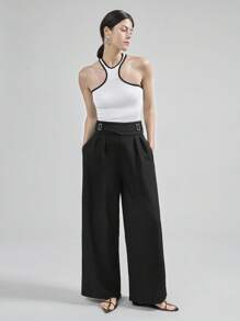 Ontre 2025 女式高腰金属扣细节宽松阔腿裤，简约设计，城市通勤风格