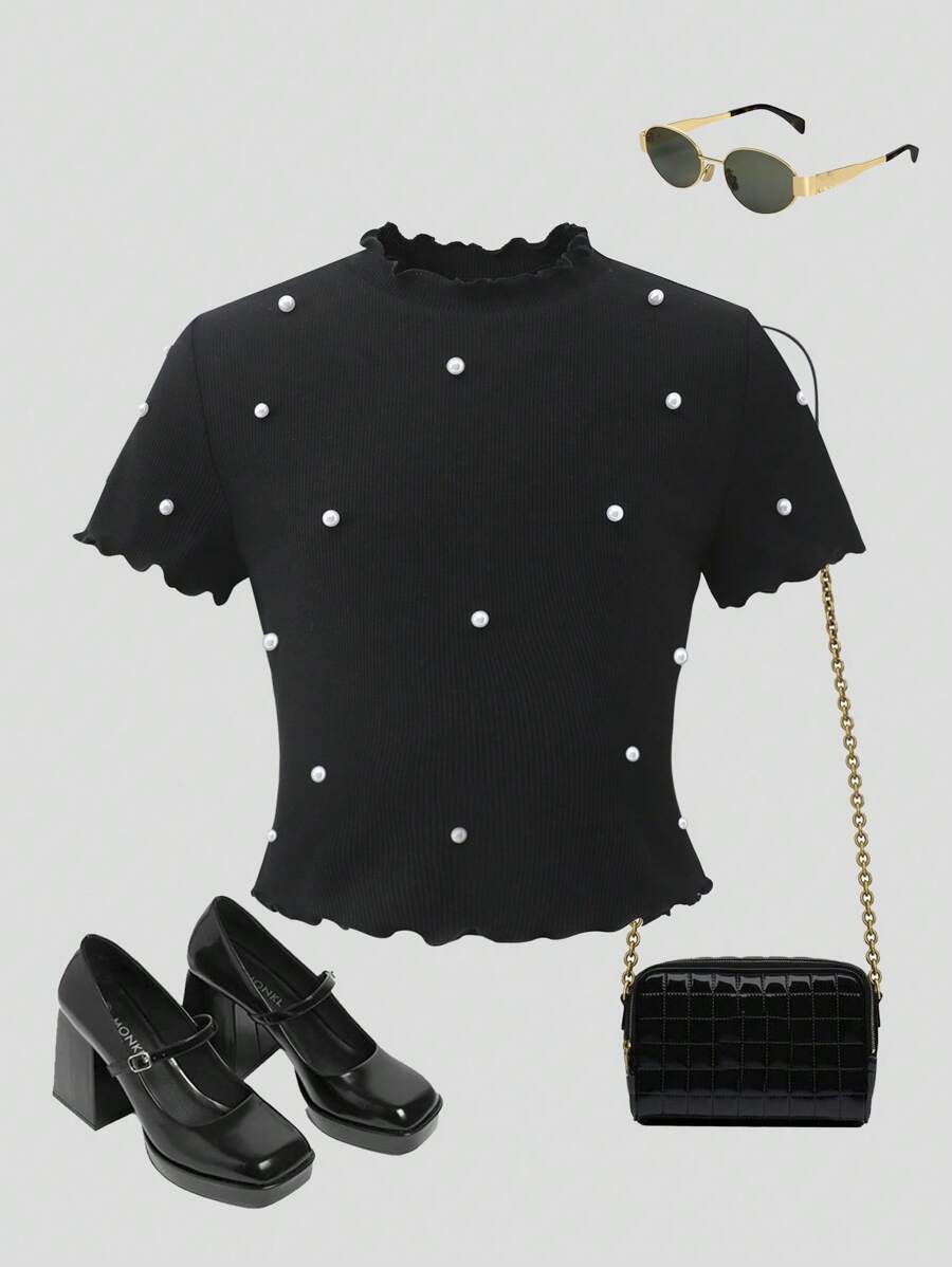 SHEIN Leap Crew Tween-Mädchen Elegantes, kurzes T-Shirt mit Spitzenkragen und Perlenverzierung