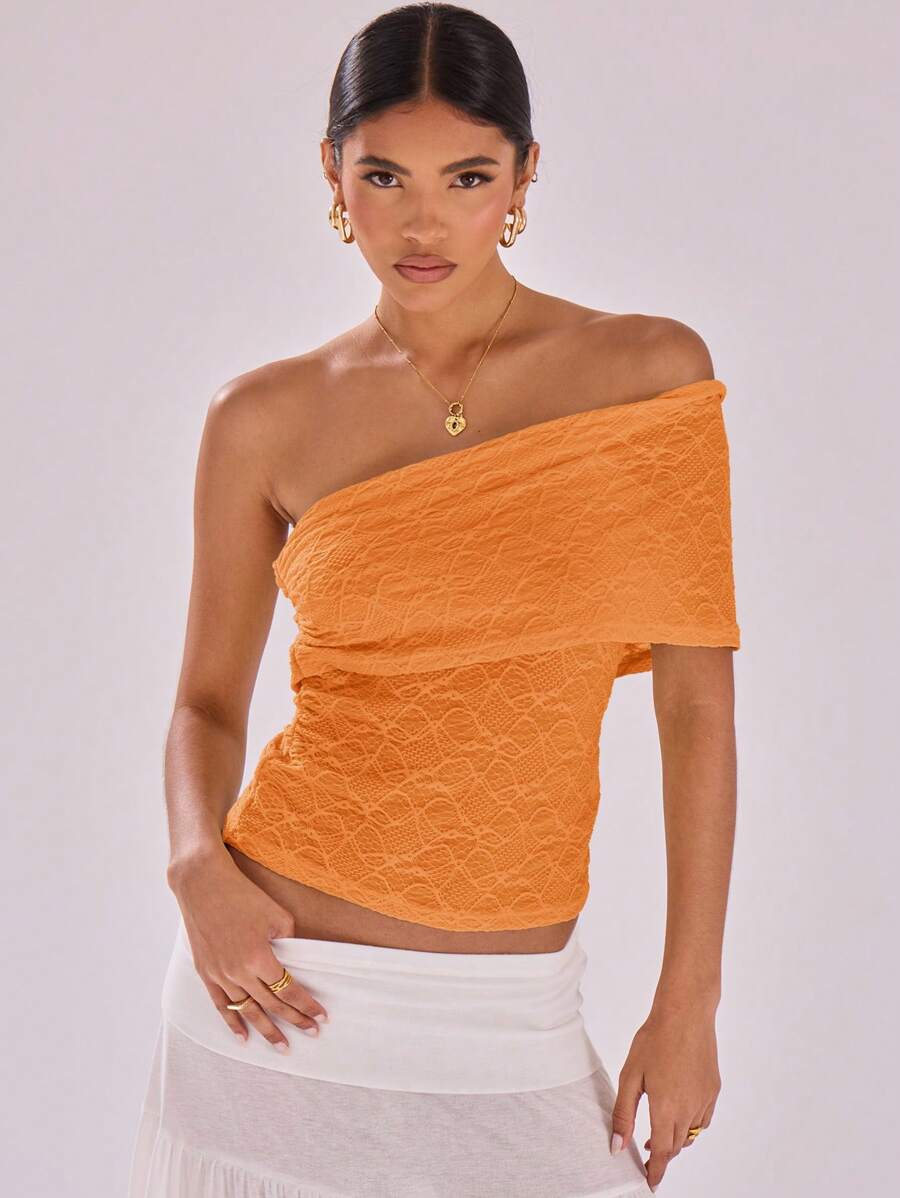 MUSERA Textured Mesh Detail Asymmetrical Neck Cap Sleeve Top Casual Vacation Top Holiday Festival Night Out Going Out Tops Club Fall Summer Spring - Orange - View 1