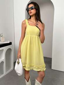 SHEIN Unity Gaun Cami Kasual Warna Polos Sederhana untuk Berpergian - Kuning - View 1