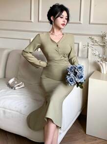 DAZY Vestido midi asimétrico drapeado liso para mujeres