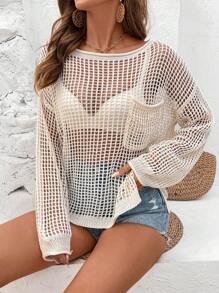 Breezaya Women Solid Color Minimalist Hollow-Out Design Long Sleeve Knit Sweater Knit Pullover Fall Winter Sweater - Apricot - View 6