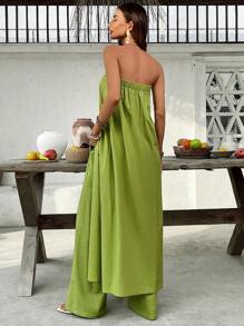 SHEIN VCAY Women's Summer Avocado Green Solid Color Holidaya Split Hem Longline Tube Top & Pants Fashionable Set Minimalist Casual Daywear Matching Sets Women Two Pieces Set Women Vacation Outfits Woman Summer Outfits For Women Valentines Going Out Vacation Sets For Women Festival Boho - Lime Green - View 2