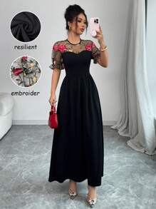 Rafferiza Sexy Embroidered Floral Mesh Patchwork Solid Color Slim Fit Dress, European And American Style - Black - View 3