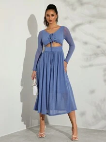 Glamine Vrouwen effen lange mouw mesh borst trekkoord midi-jurk - Elegante lente- en zomervakantiejurk, Valentijnsdag