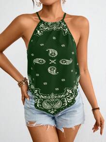 SHEIN VCAY 女士度假印花梭织背心，简约时尚休闲日常穿着，女士夏季装、沙滩装、复活节装、女士海滩装、春假装、度假装、音乐会装、狂欢节装、狂欢装、波西米亚风 - 綠色 - 查看 4