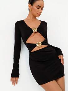 Aveloria Modichic Robe moulante tricotée mini avec décoration métallique de papillon creuse, manches longues, design épousant les courbes pour femmes - Noir - Voir 3