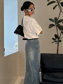 DAZY 做旧水洗褪色长款开衩口袋女士牛仔A字裙，秋季服装牛仔裙