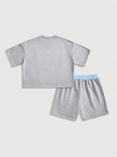 Street Life Conjunto de top de manga corta con cuello redondo y estampado de letras casual, y shorts para hombre