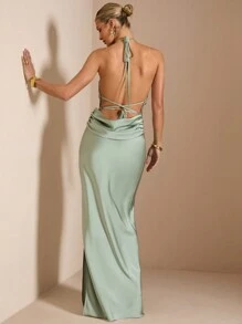 SHEIN BAE Sexy Backless Halter Green Satin Dress With Tie, Spring/Summer, Bridesmaid Dress, Satin Dress, Sexy Dress