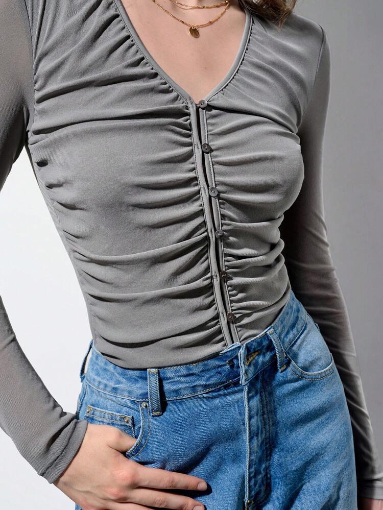 SHEIN Maija Spring And Summer New Style Gray Pleated Waist Sexy Women's Bodysuit Urban Modern Elegant Sleeveless Daily Casual Commuting Suitable For Going Out For Vacation Holiday Party Wedding Date Wear