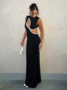 SHEIN BAE Black Sleeveless Asymmetric Hollow Out Contrast Color Block Elegant Dress, Suitable For Graduation Party, Formal Occasion, Romantic Date, Wedding Guest, Valentine's Day,Backless Dress - Black and White - View 4