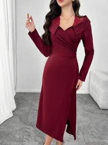 Modelyn Women Elegant Deep V-Neck Lapel Contrast Lace Slim Fit Midi Dress, Versatile Long Sleeve - Burgundy - View 3