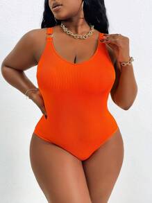 SHEIN Swim Curve Plus Size Women Summer Vacation Casual Solid Color One-Piece Swimsuit - Orange - View 7